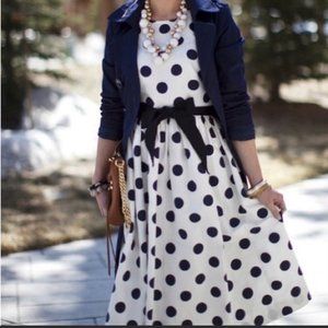 NWT J.Crew White and Navy Polka Dot Cotton/Silk Blend Midi Dress w/ Ribbon Belt